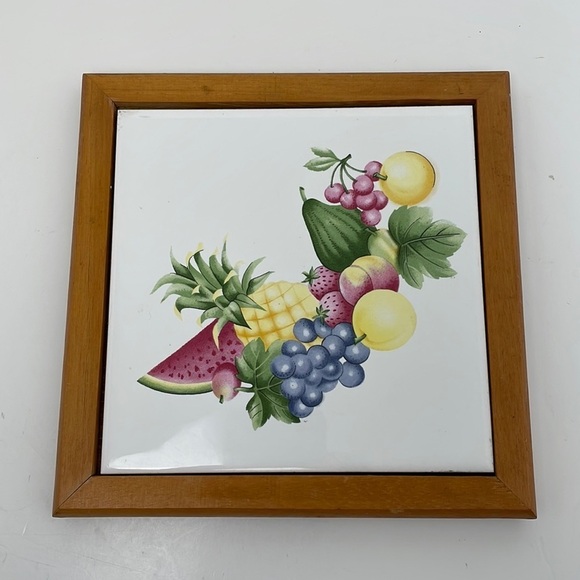 Vintage Trivet Wall Decor Ceramic Fruit Tile in Wooden Frame - Picture 3 of 4